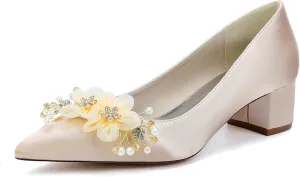 Women Wedding Shoes Satin with Embroidery Lace Flower Closed Pointed Toe Dress Sandals Slip-on Low Block Heel Pumps