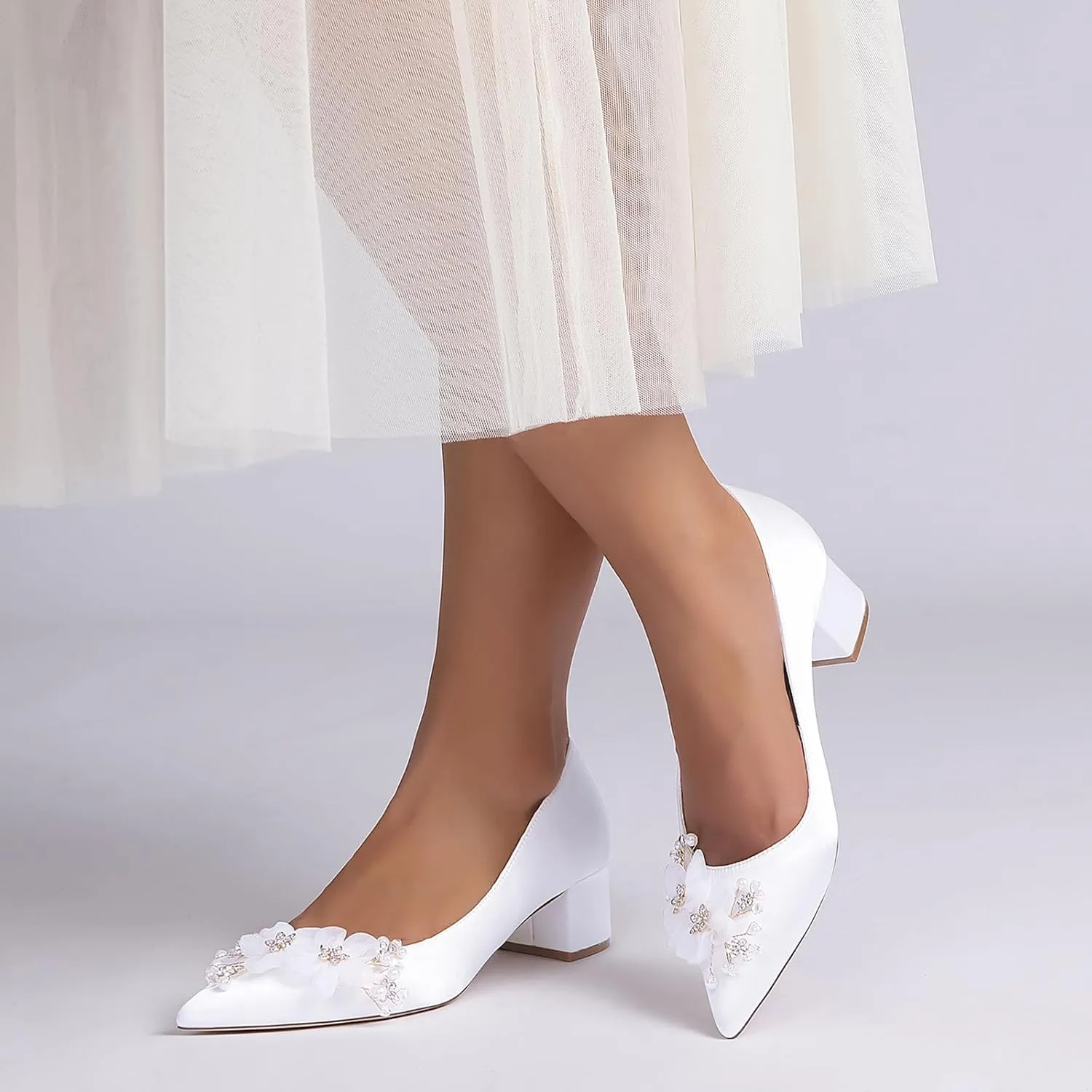 Women Wedding Shoes Satin with Embroidery Lace Flower Closed Pointed Toe Dress Sandals Slip-on Low Block Heel Pumps