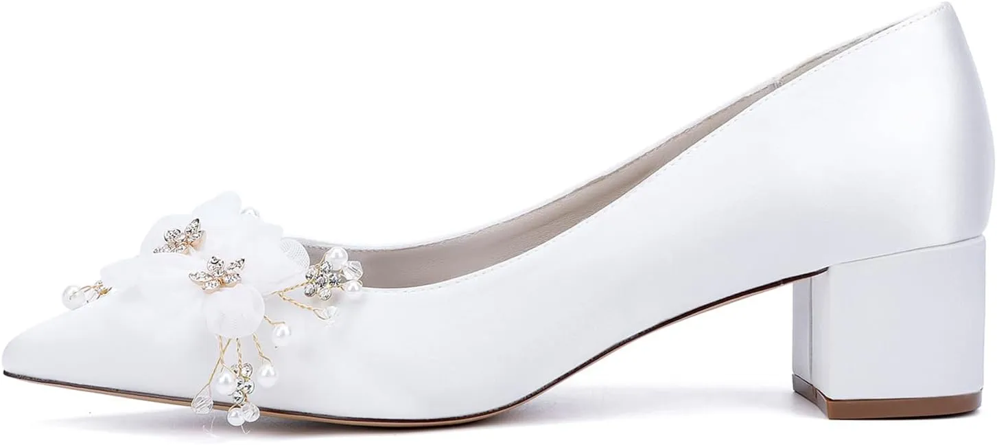 Women Wedding Shoes Satin with Embroidery Lace Flower Closed Pointed Toe Dress Sandals Slip-on Low Block Heel Pumps