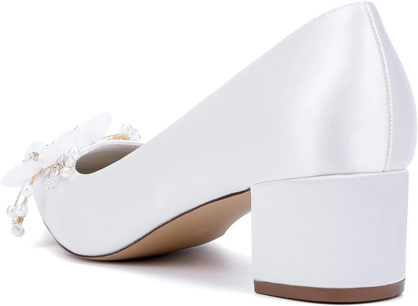 Women Wedding Shoes Satin with Embroidery Lace Flower Closed Pointed Toe Dress Sandals Slip-on Low Block Heel Pumps