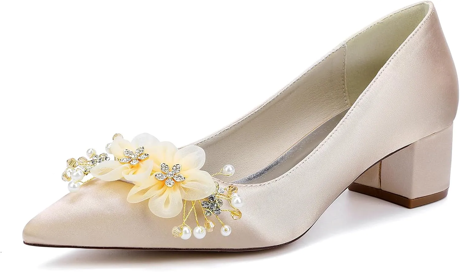 Women Wedding Shoes Satin with Embroidery Lace Flower Closed Pointed Toe Dress Sandals Slip-on Low Block Heel Pumps