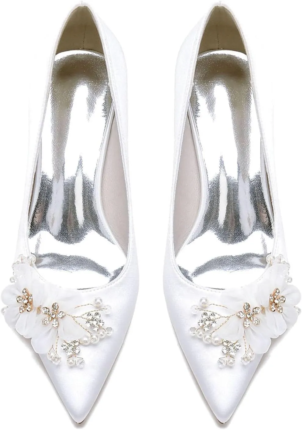 Women Wedding Shoes Satin with Embroidery Lace Flower Closed Pointed Toe Dress Sandals Slip-on Low Block Heel Pumps