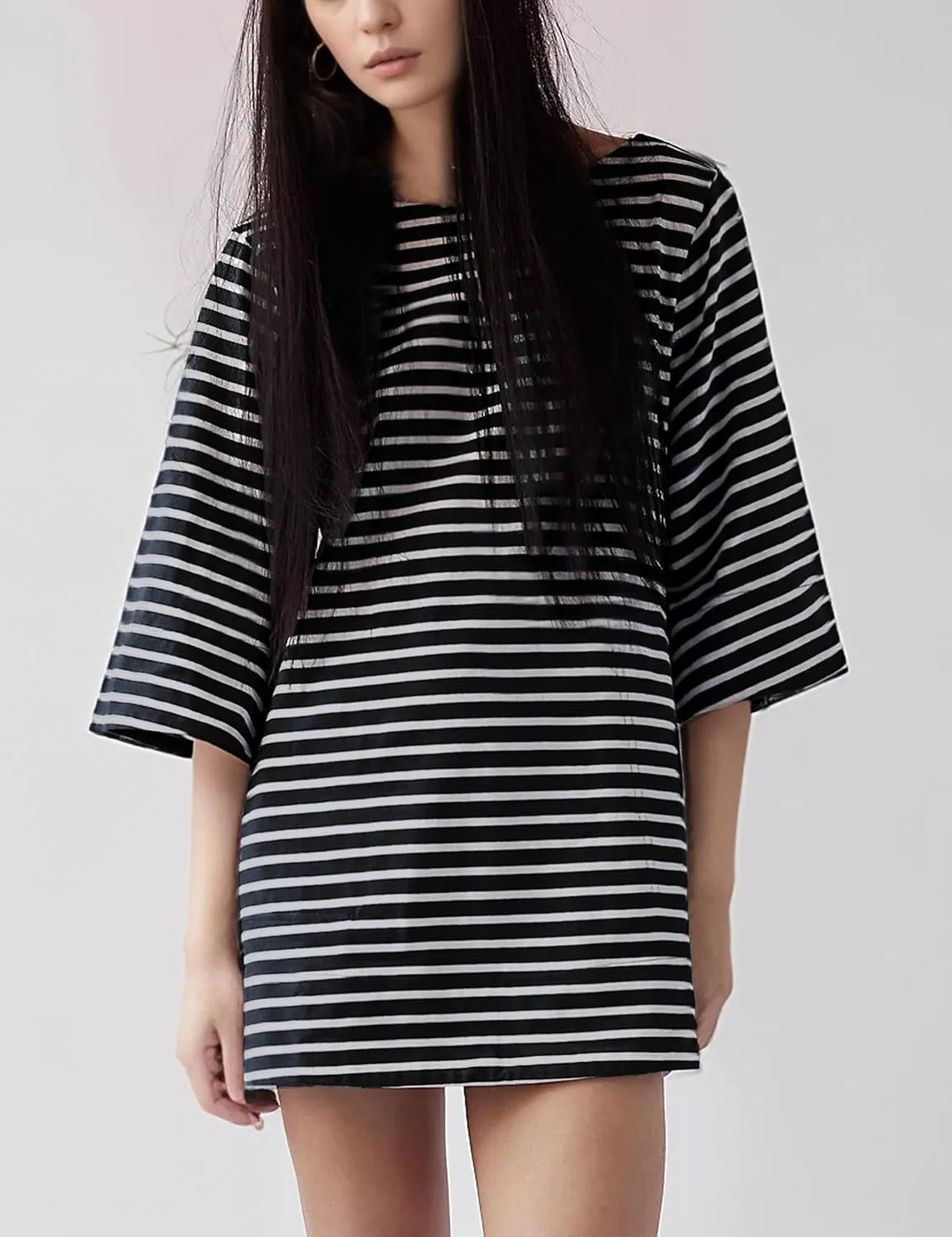 Women's 2025 Striped Cotton Mini T-Shirt Dress with Pockets Casual 3/4 Sleeves Loose Teen Girls Streetwear