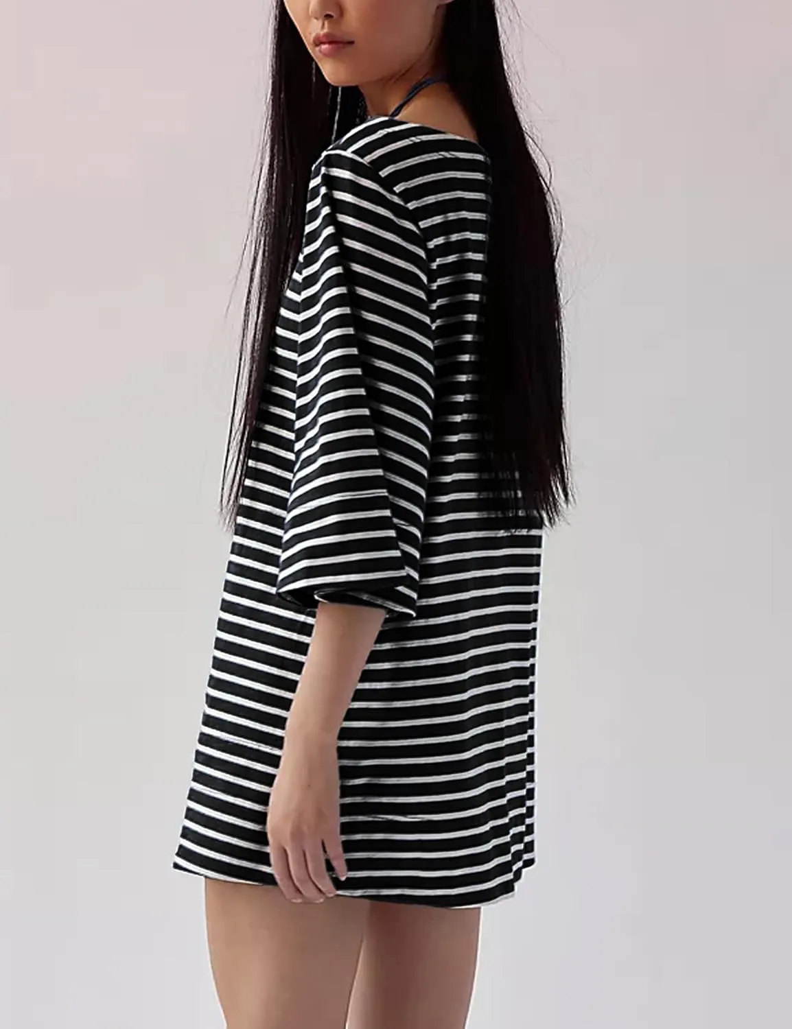 Women's 2025 Striped Cotton Mini T-Shirt Dress with Pockets Casual 3/4 Sleeves Loose Teen Girls Streetwear