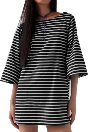Women's 2025 Striped Cotton Mini T-Shirt Dress with Pockets Casual 3/4 Sleeves Loose Teen Girls Streetwear