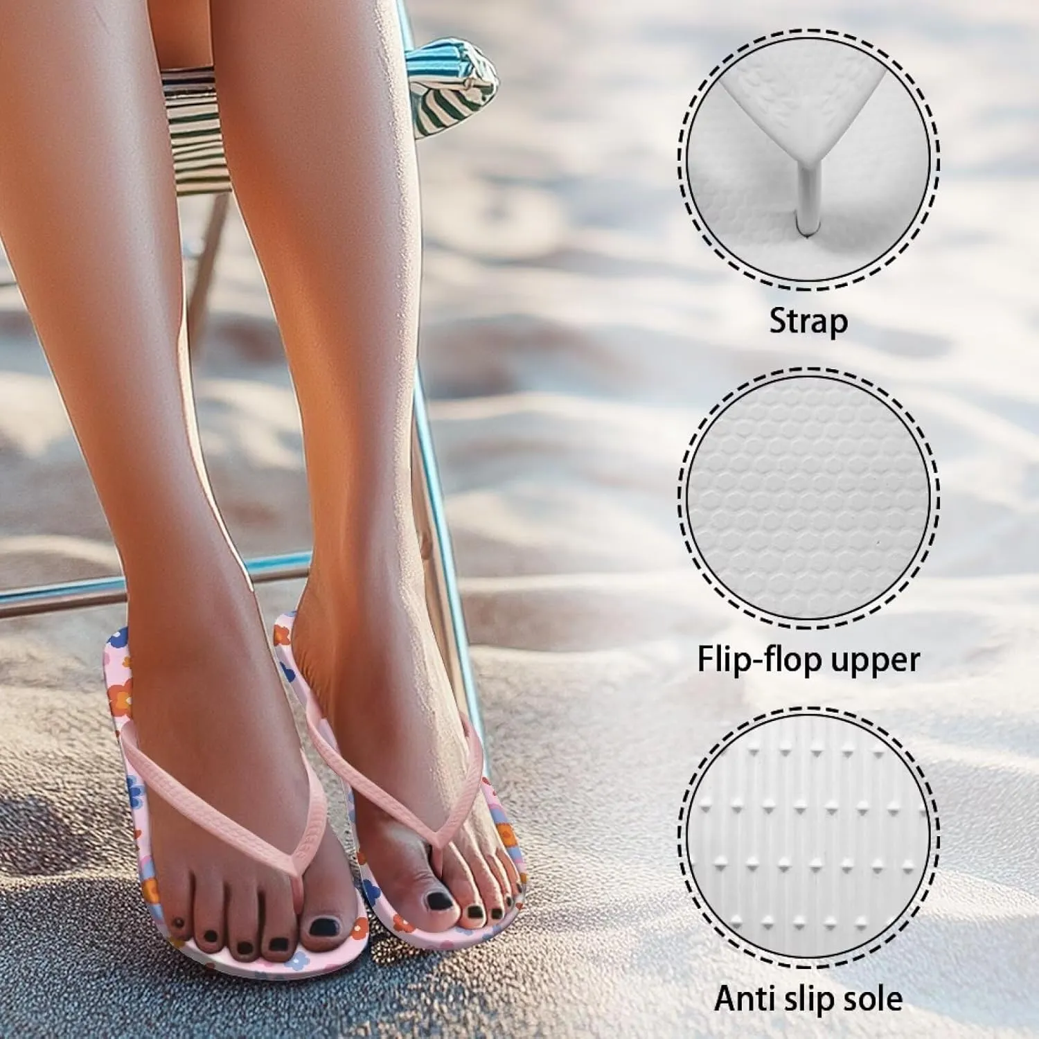 Women's Beach Sandals Non-Slip Quick-Dry Flip Flops Indoor Outdoor Slides Slipper for Shower Spa Pool & Summer Use Pink Strap Size 5.5-9.5