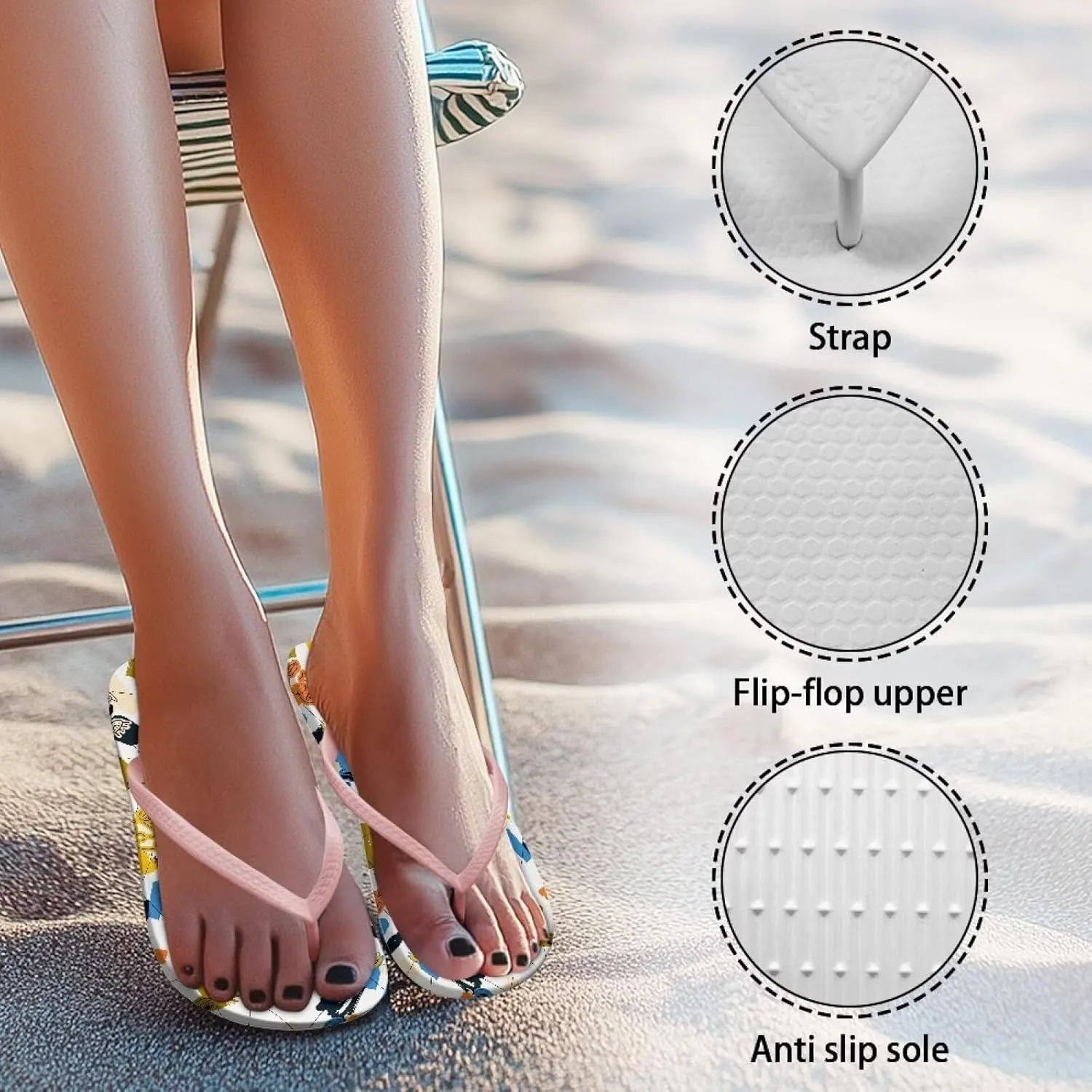 Women's Beach Sandals Non-Slip Quick-Dry Flip Flops Indoor Outdoor Slides Slipper for Shower Spa Pool & Summer Use Pink Strap Size 5.5-9.5