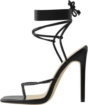 Women's Black Cross-Tied Sandals - Thin High Heel Fashion Party Shoes