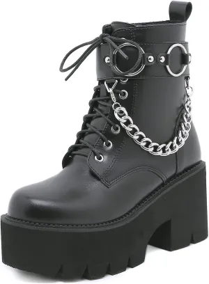 Women's Black Lace up Goth Platform Boots, Chunky Block Ankle Gothic Combat Boots, Cosplay Fashion Punk Boots Shoes