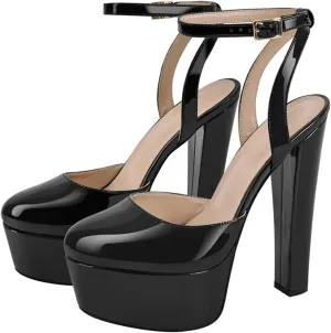 Women's Black Patent Platforms - Chunky Ankle Buckle Stilettos