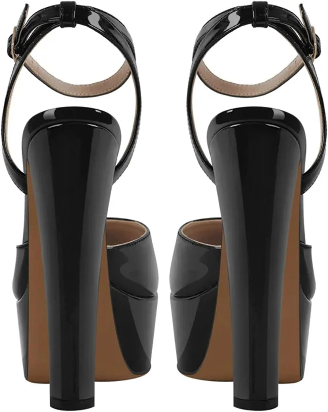 Women's Black Patent Platforms - Chunky Ankle Buckle Stilettos