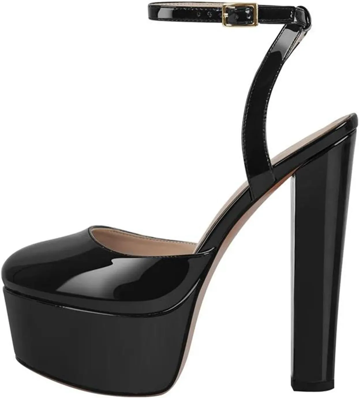Women's Black Patent Platforms - Chunky Ankle Buckle Stilettos