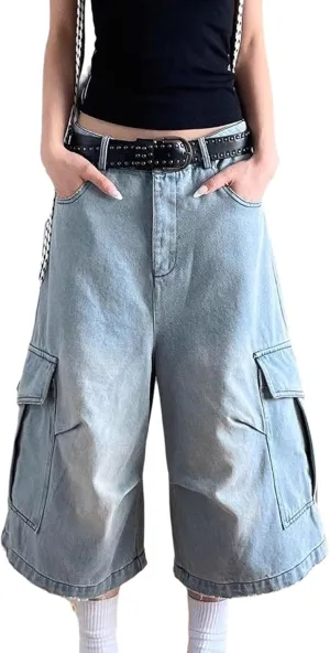 Women's Cargo Baggy Jorts Y2K Cutecore Plus Size Wide Leg Denim Jean Shorts with 6 Pockets Summer Vintage Streetwear
