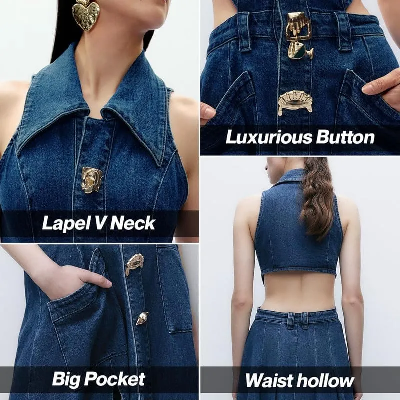 Women's Casual Denim Dresses 2024 Fashion Lapel Sleeveless Cut-Out Sides Slit with Big Pockets