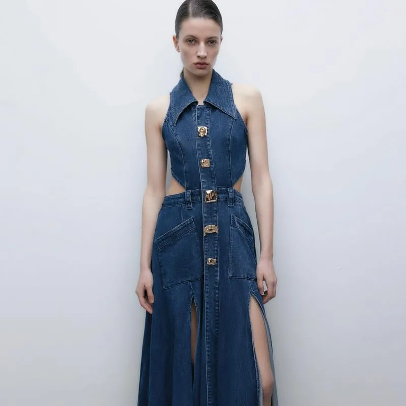 Women's Casual Denim Dresses 2024 Fashion Lapel Sleeveless Cut-Out Sides Slit with Big Pockets