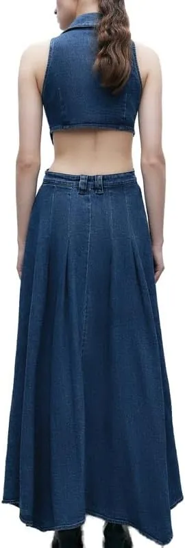 Women's Casual Denim Dresses 2024 Fashion Lapel Sleeveless Cut-Out Sides Slit with Big Pockets