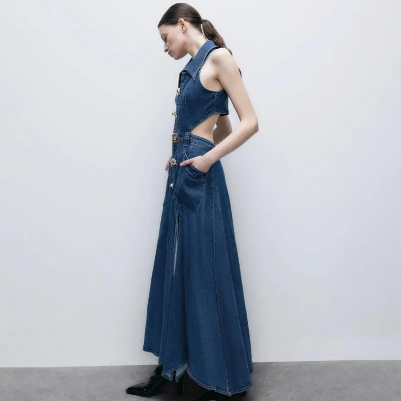 Women's Casual Denim Dresses 2024 Fashion Lapel Sleeveless Cut-Out Sides Slit with Big Pockets