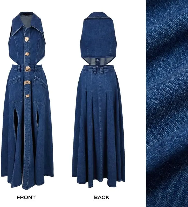 Women's Casual Denim Dresses 2024 Fashion Lapel Sleeveless Cut-Out Sides Slit with Big Pockets
