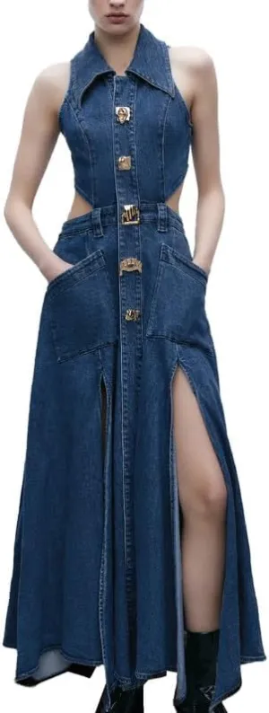 Women's Casual Denim Dresses 2024 Fashion Lapel Sleeveless Cut-Out Sides Slit with Big Pockets