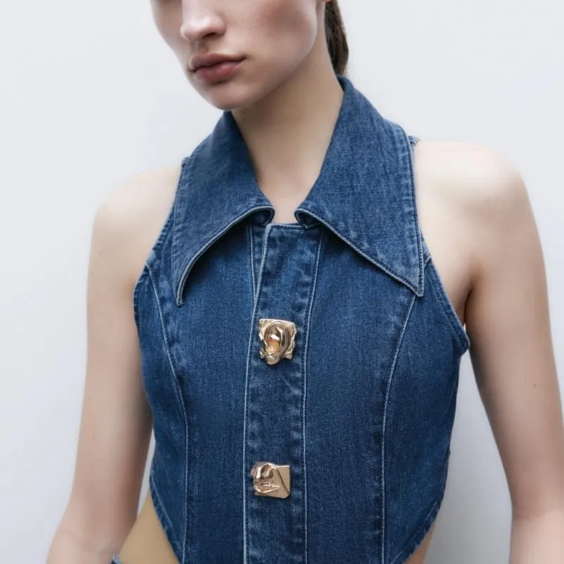 Women's Casual Denim Dresses 2024 Fashion Lapel Sleeveless Cut-Out Sides Slit with Big Pockets
