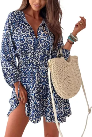 Womens Casual V Neck Babydoll Ruffle Sleeve Floral Mini Tunic Lace Up Dress Retro Boho 2025 Summer Tassel Dress