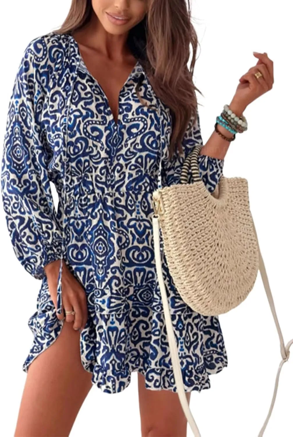 Womens Casual V Neck Babydoll Ruffle Sleeve Floral Mini Tunic Lace Up Dress Retro Boho 2025 Summer Tassel Dress