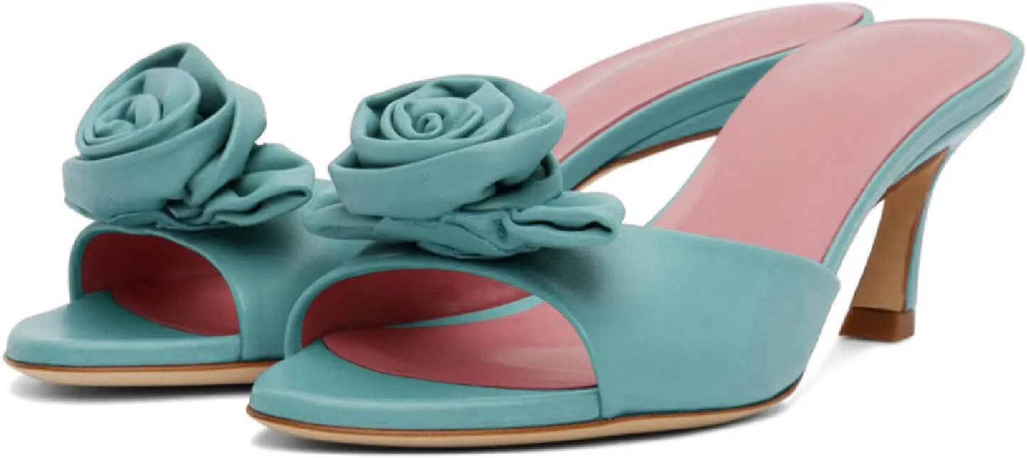 Women's Chic Flowers Round Open Toe High Heel Slide Sandals Slip On Kitten Heel Summer Mules Prom Party Wedding High Heeled Sandals for Women