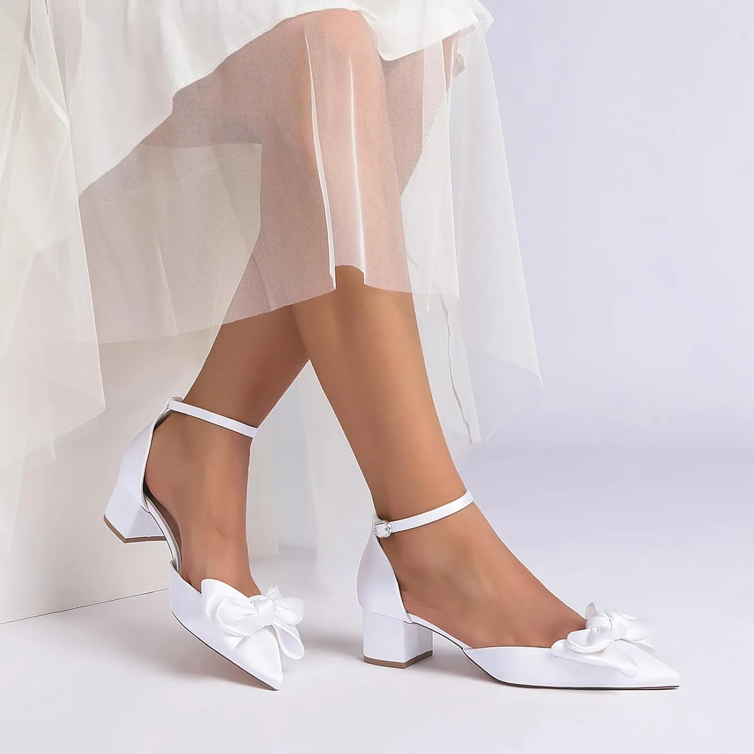 Women's Chunky Block Heel Dress Pumps Closed Bowknot Pointed Toe Comfort Strap Bridal Shoes for Party Dance Wedding