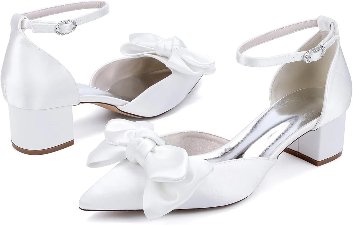 Women's Chunky Block Heel Dress Pumps Closed Bowknot Pointed Toe Comfort Strap Bridal Shoes for Party Dance Wedding