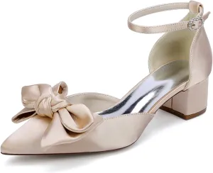 Women's Chunky Block Heel Dress Pumps Closed Bowknot Pointed Toe Comfort Strap Bridal Shoes for Party Dance Wedding