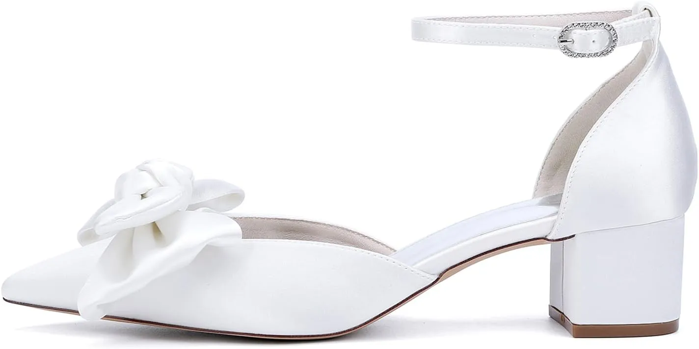 Women's Chunky Block Heel Dress Pumps Closed Bowknot Pointed Toe Comfort Strap Bridal Shoes for Party Dance Wedding