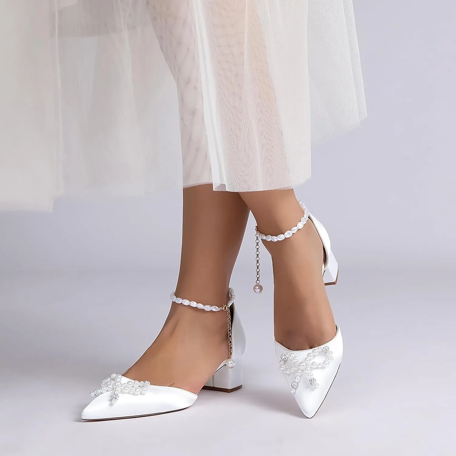 Women's Chunky Block Heel Wedding Dress Shoes Closed Toe Evening Prom Dance Party Sandals Pearl Ankle Strap Bridal Pumps