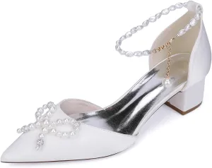 Women's Chunky Block Heel Wedding Dress Shoes Closed Toe Evening Prom Dance Party Sandals Pearl Ankle Strap Bridal Pumps