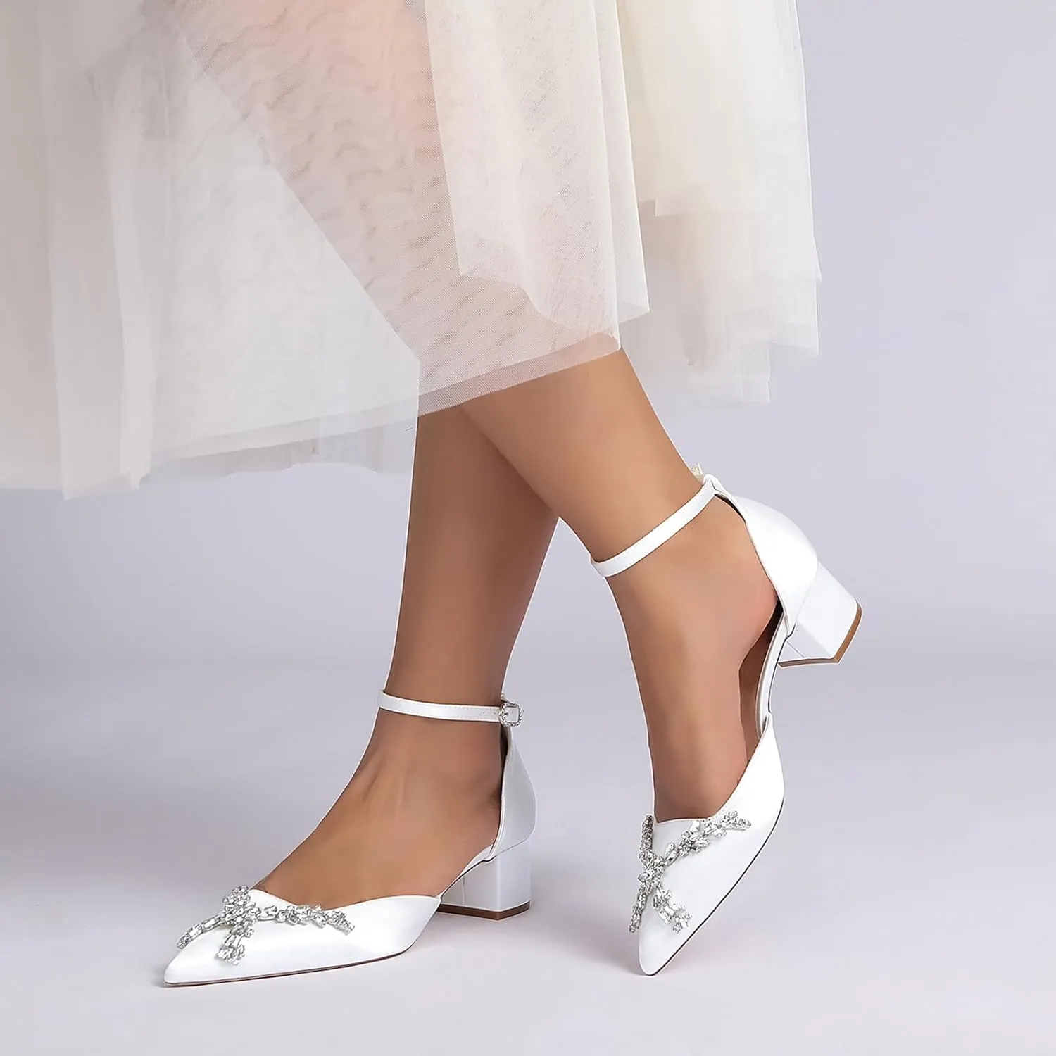 Women's Chunky Block High Heels Pointed Toe Satin Bridal Sandals Rhinestones Ankle Strap Dress Shoes Wedding Party Pump