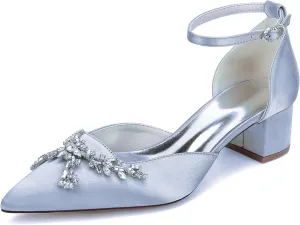 Women's Chunky Block High Heels Pointed Toe Satin Bridal Sandals Rhinestones Ankle Strap Dress Shoes Wedding Party Pump
