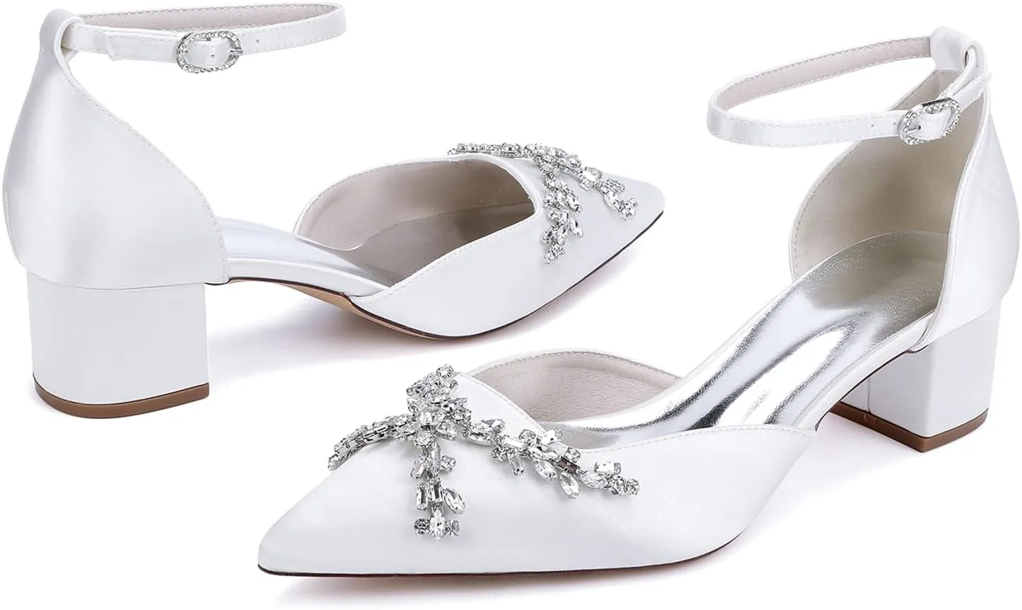 Women's Chunky Block High Heels Pointed Toe Satin Bridal Sandals Rhinestones Ankle Strap Dress Shoes Wedding Party Pump