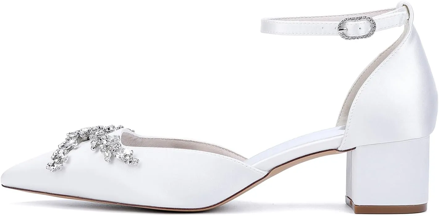 Women's Chunky Block High Heels Pointed Toe Satin Bridal Sandals Rhinestones Ankle Strap Dress Shoes Wedding Party Pump