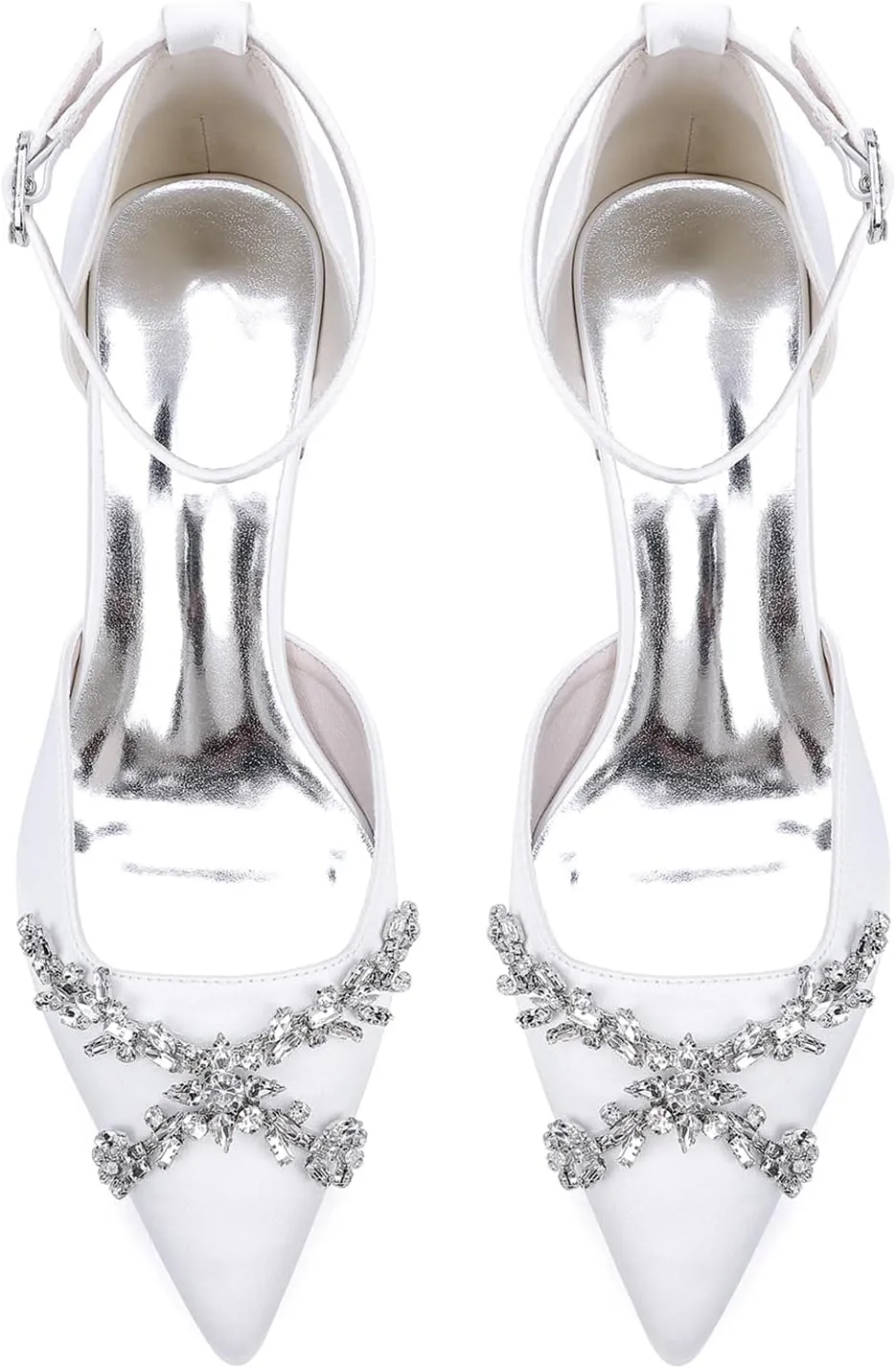 Women's Chunky Block High Heels Pointed Toe Satin Bridal Sandals Rhinestones Ankle Strap Dress Shoes Wedding Party Pump