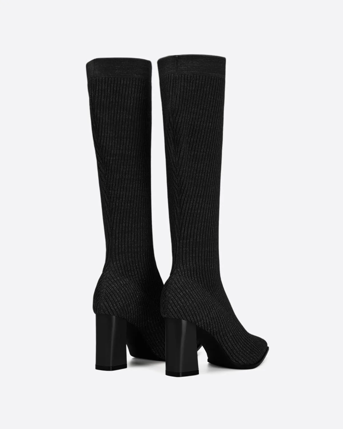 Women's Chunky Heel Boots, Knit Comfort High Boots, Minimalist Style, Rubber Sole