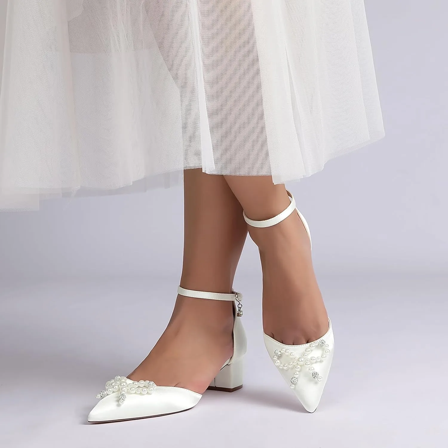 Women's Chunky Low Block Heel Wedding Dress Pumps Closed Pointed Toe Sandals with Pearls Ankle Strap Bridal Shoes
