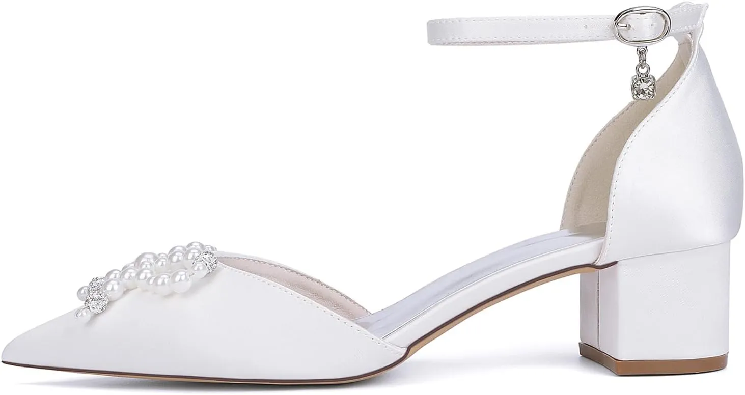 Women's Chunky Low Block Heel Wedding Dress Pumps Closed Pointed Toe Sandals with Pearls Ankle Strap Bridal Shoes