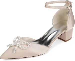 Women's Chunky Low Block Heel Wedding Dress Pumps Closed Pointed Toe Sandals with Pearls Ankle Strap Bridal Shoes
