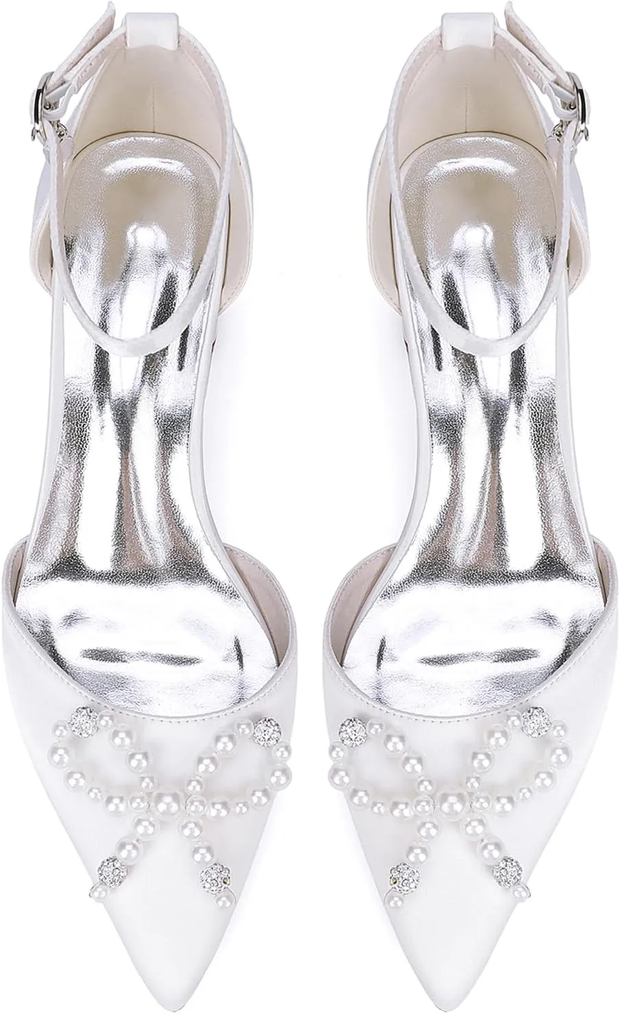 Women's Chunky Low Block Heel Wedding Dress Pumps Closed Pointed Toe Sandals with Pearls Ankle Strap Bridal Shoes
