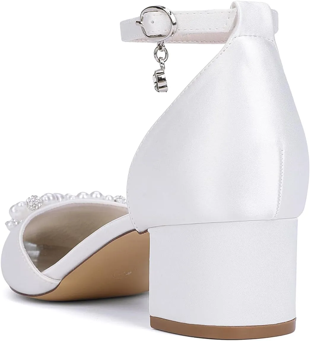 Women's Chunky Low Block Heel Wedding Dress Pumps Closed Pointed Toe Sandals with Pearls Ankle Strap Bridal Shoes