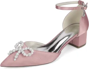 Women's Chunky Low Block Heel Wedding Dress Pumps Closed Pointed Toe Sandals with Pearls Ankle Strap Bridal Shoes