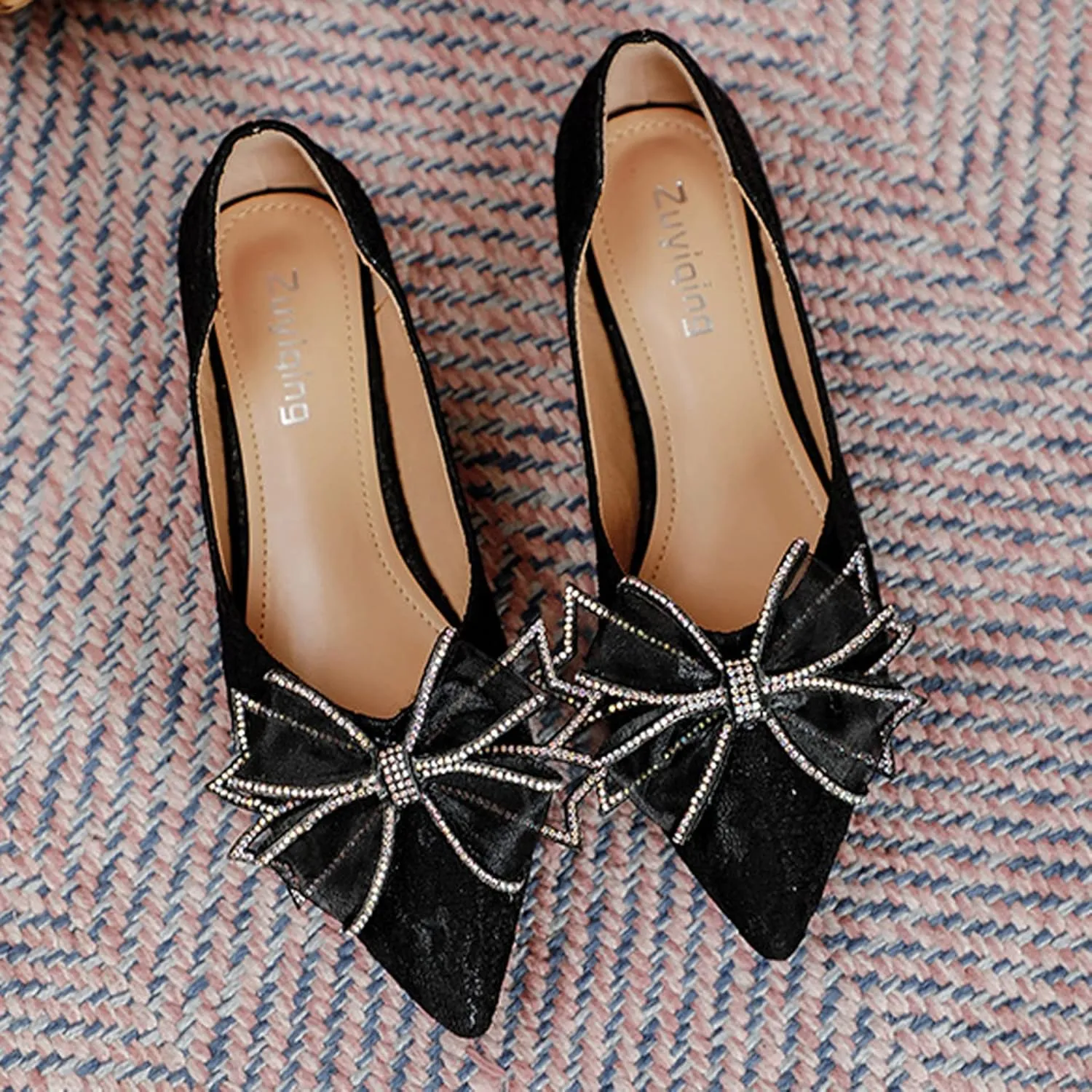 Women's Classy Pointed Toe Ballerina Ballets with Sparkly Rhinestone Bow-Knot Breathable Flat Shoes