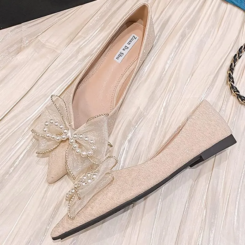 Women's Classy Pointed Toe Ballerina Ballets with Sparkly Rhinestone Bow-Knot Breathable Flat Shoes