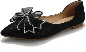 Women's Classy Pointed Toe Ballerina Ballets with Sparkly Rhinestone Bow-Knot Breathable Flat Shoes
