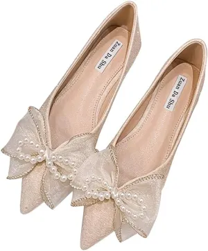 Women's Classy Pointed Toe Ballerina Ballets with Sparkly Rhinestone Bow-Knot Breathable Flat Shoes