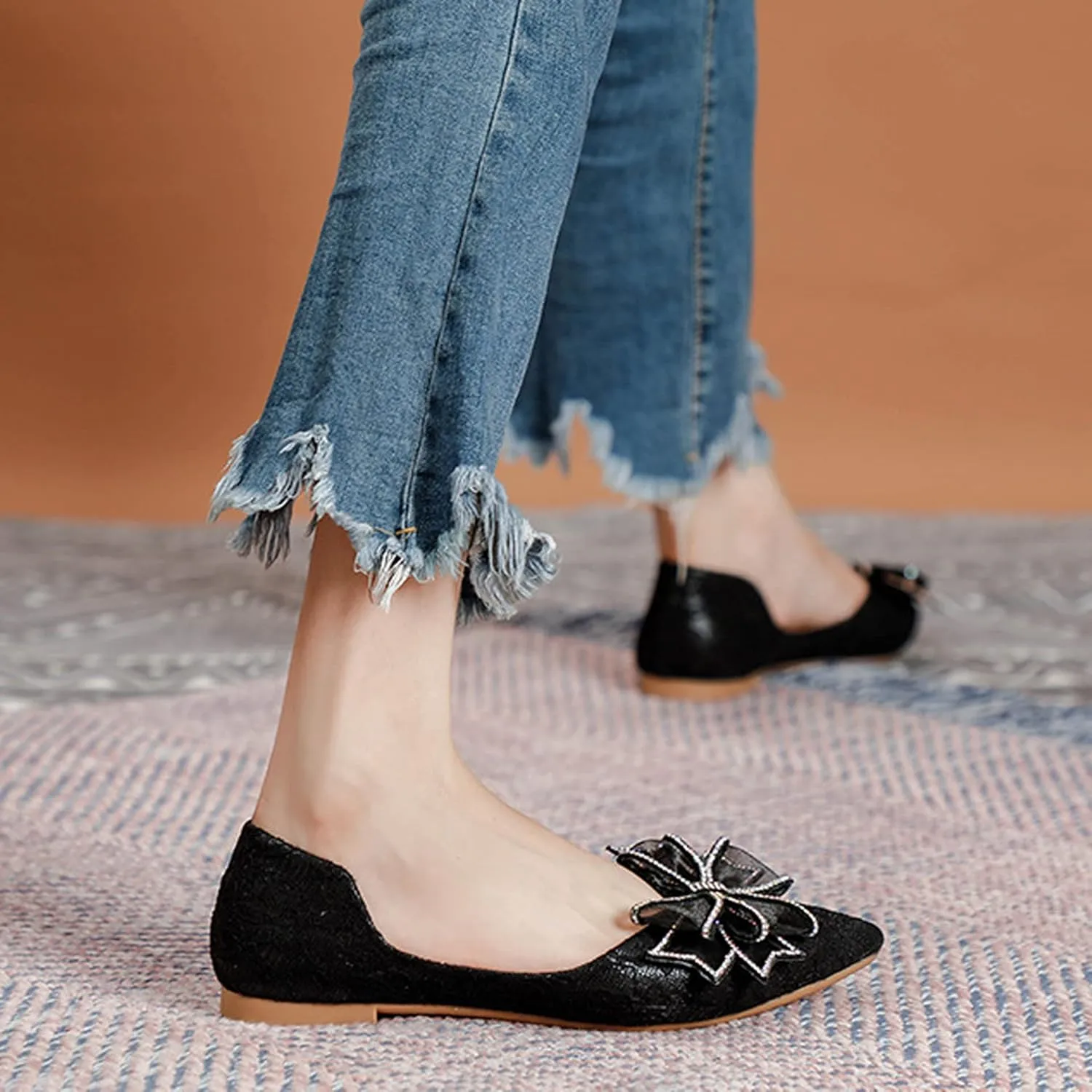 Women's Classy Pointed Toe Ballerina Ballets with Sparkly Rhinestone Bow-Knot Breathable Flat Shoes